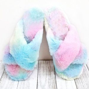 New Rainbow Fuzz Faux Fur Slipper Slides Sandals